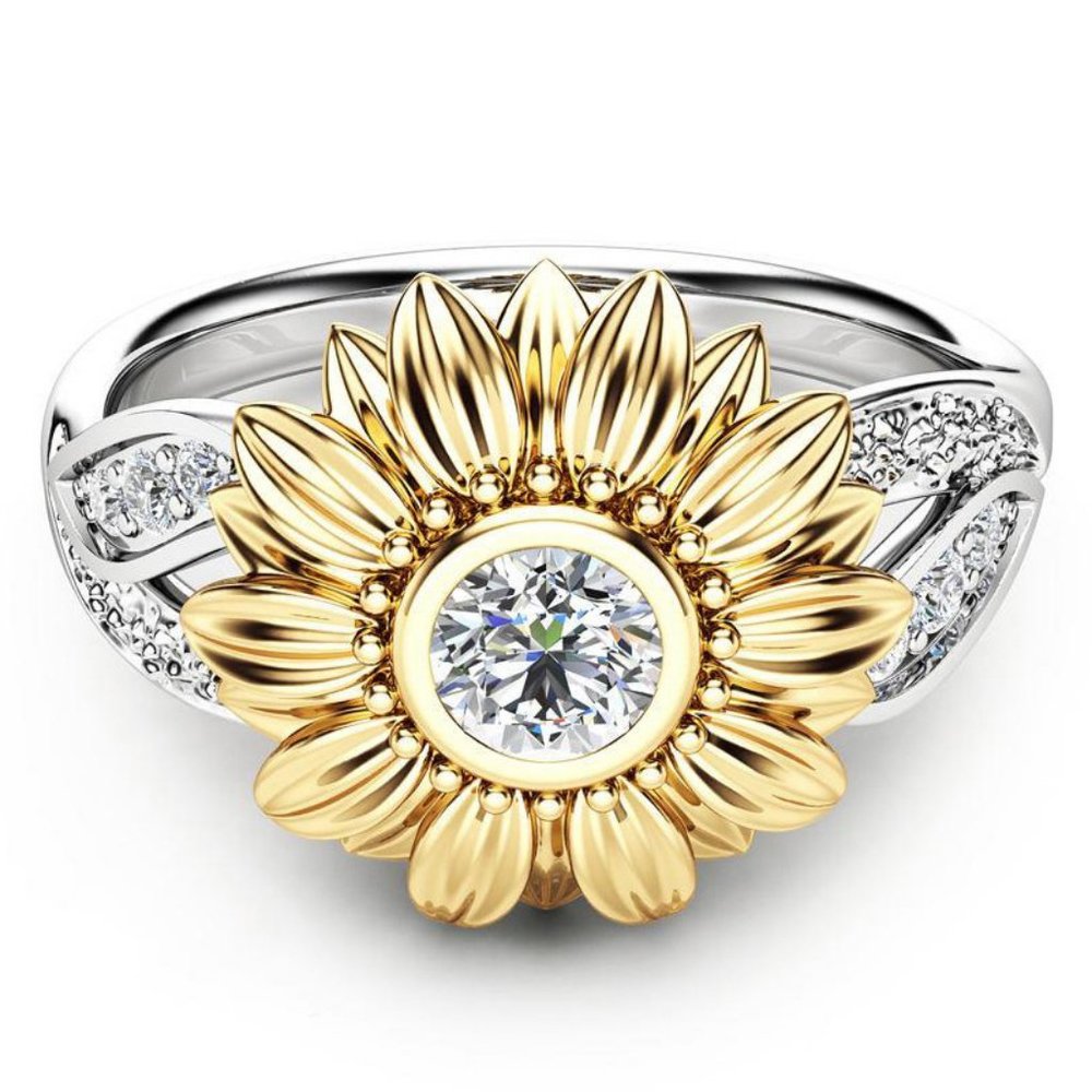 NEW 18K White&Yellow Gold Diamond Sunflower Ring - Picture 3 of 3